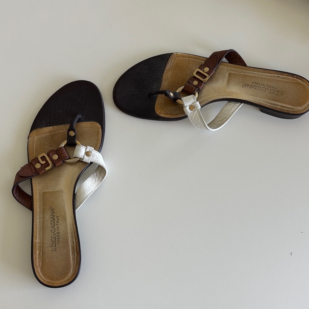 Dolce and Gabbana White Brown Black DG Strap Sandals - Size 38 1/2